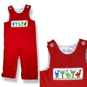 Toddler Boys Red Dinosaur Embroidered Smocked Longalls Romper Outfit 4T